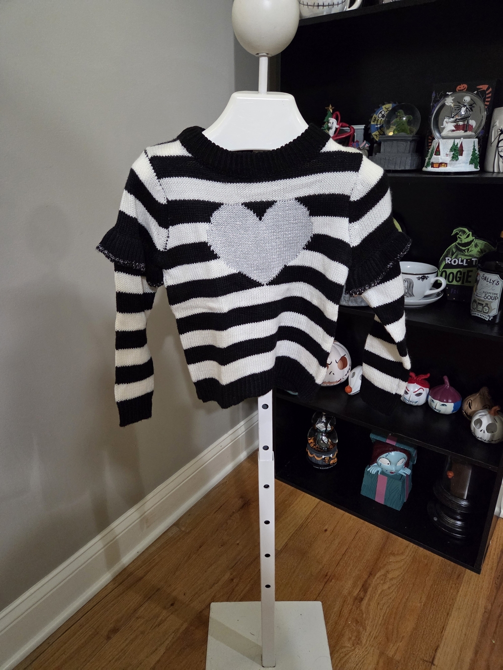 Kids Black & White Striped Sweater with Gray Heart
